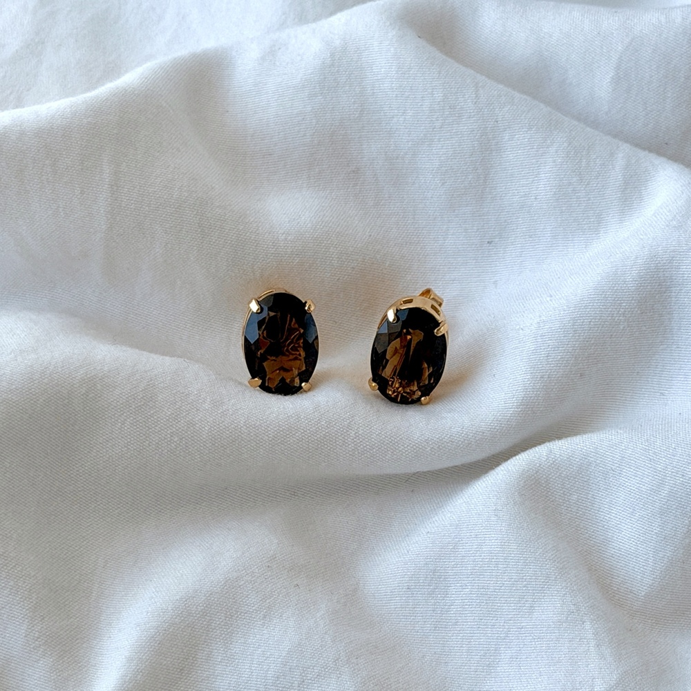 Small Classic Oval Earrings - 18k Gold Plated - Reconstituted Cognac